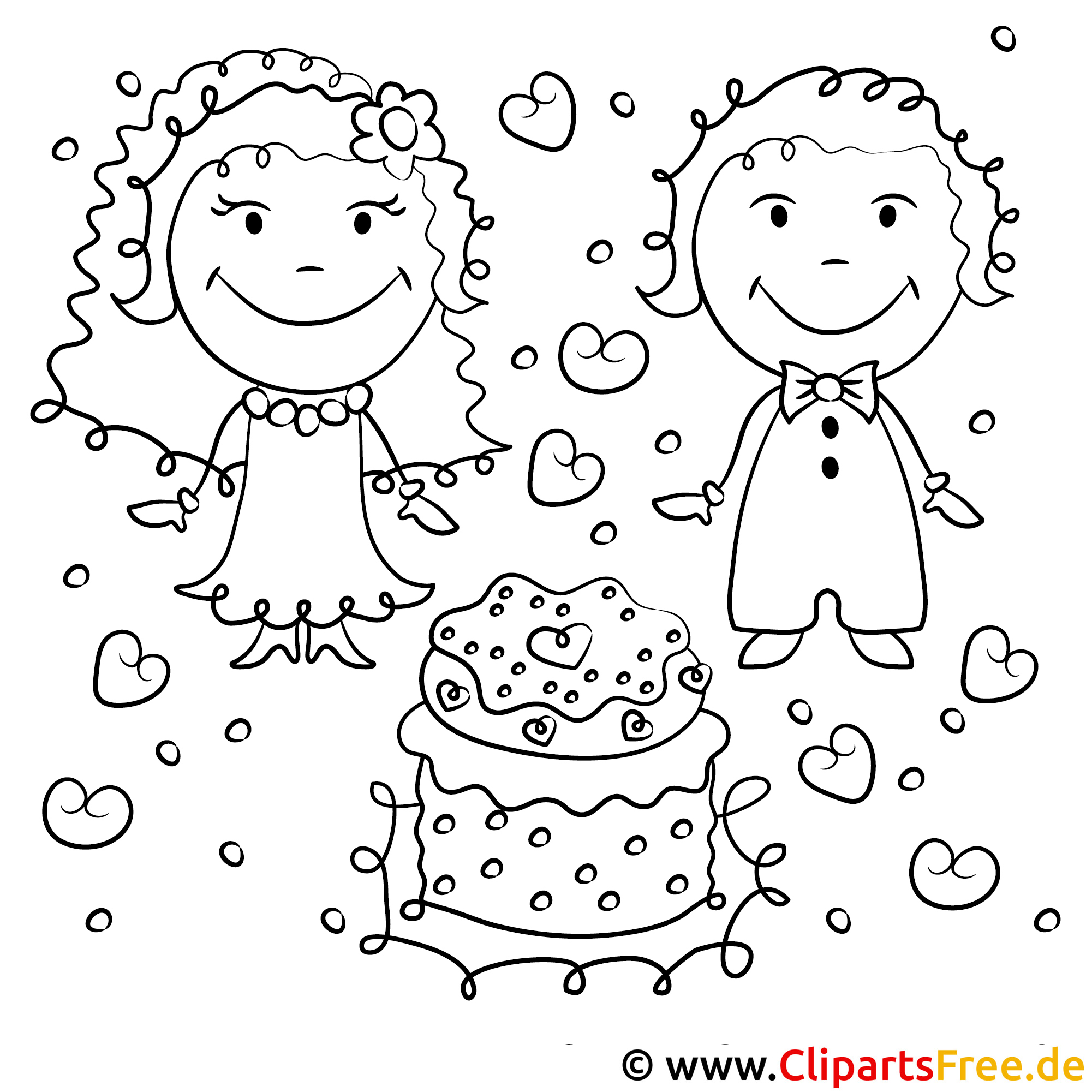 ausmalbild hochzeit  brautpaar und torte
