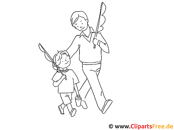 Papa und Sohn gehen Angeln Bild zum Ausmalen kostenlos