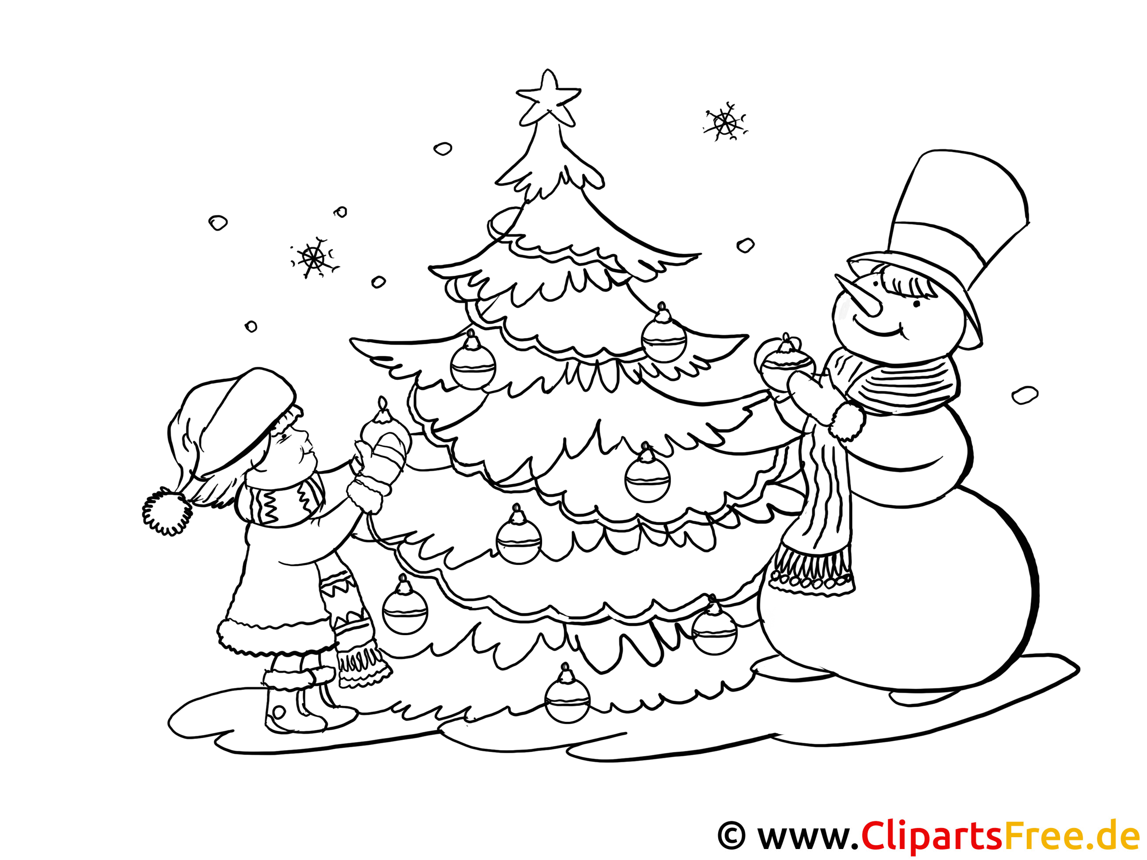 Malvorlage Advent mit Weihnachtbaum, Kinder und Schneemann